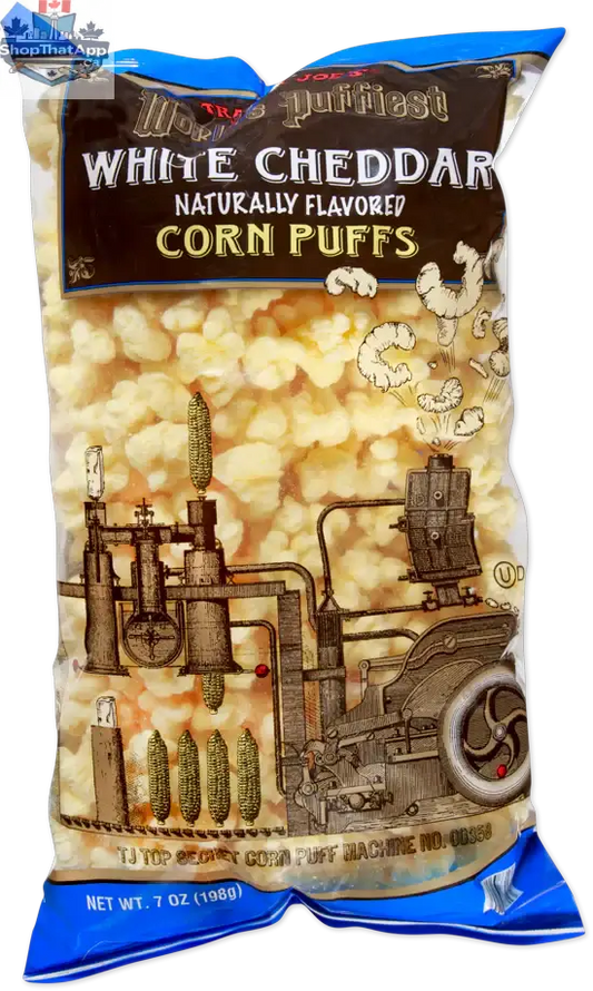 Vancou-Vert Trader Joe's White Cheddar Corn Puffs in a bowl, showing crispy puffed snacks with white cheddar flavor.