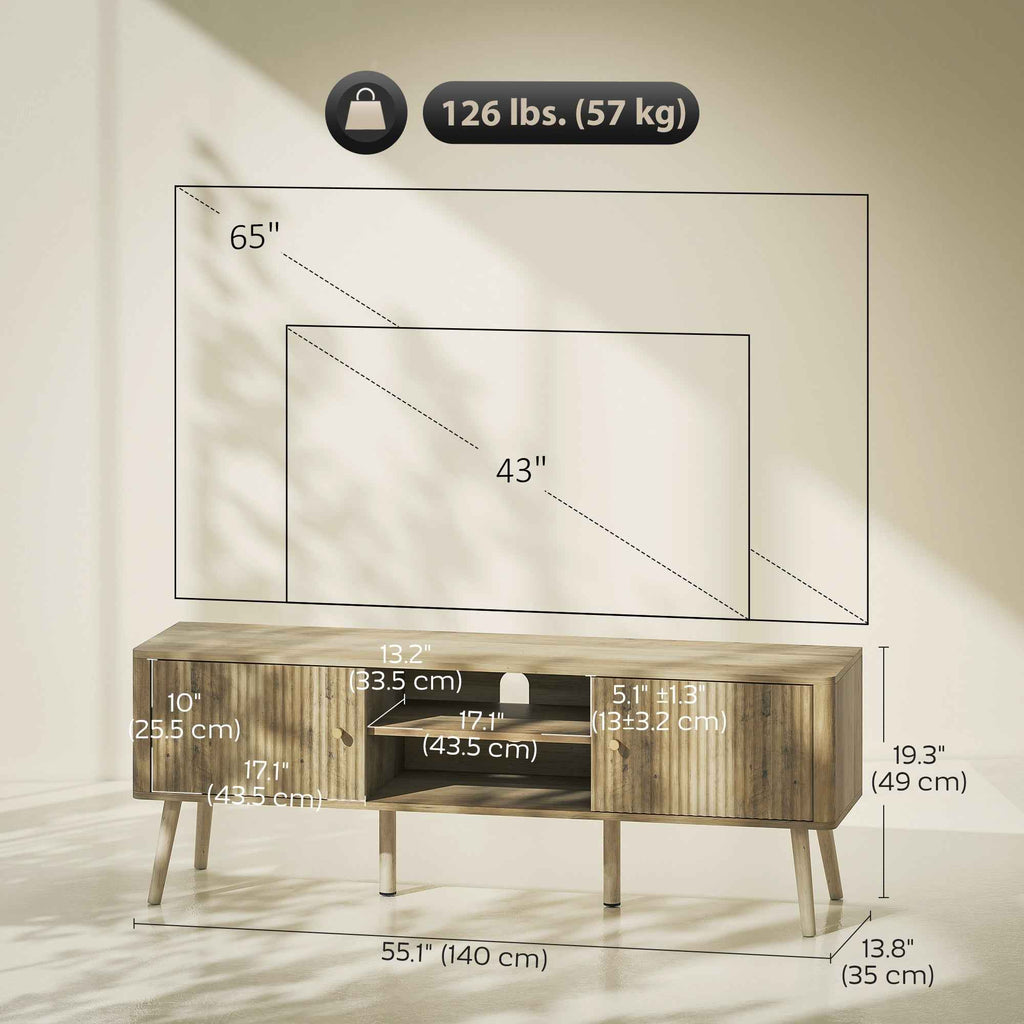 Birch TV Stand for Televisions up to 65" with Adjustable Shelves and Pine Wood Legs-Oak