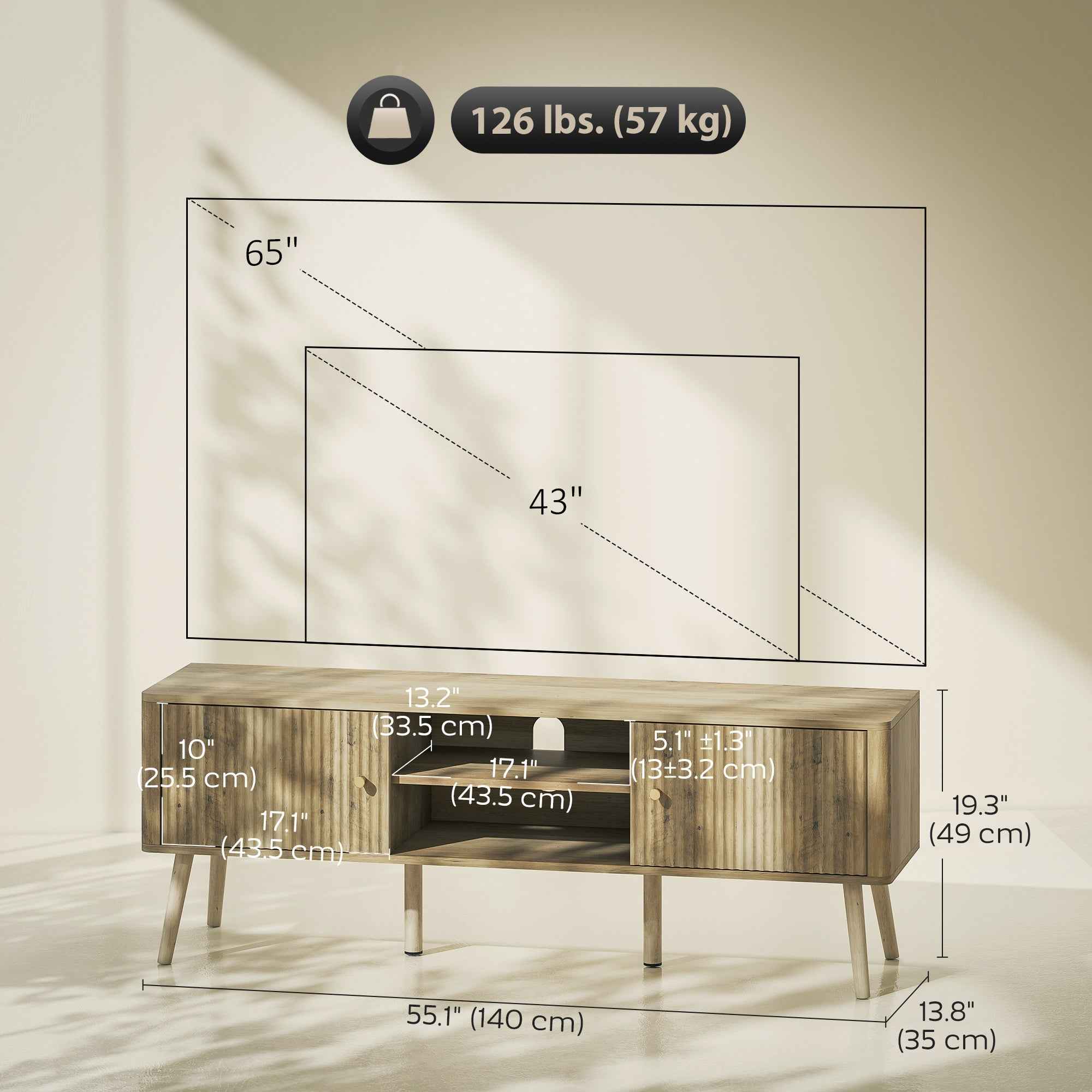 Birch TV Stand for Televisions up to 65" with Adjustable Shelves and Pine Wood Legs-Oak