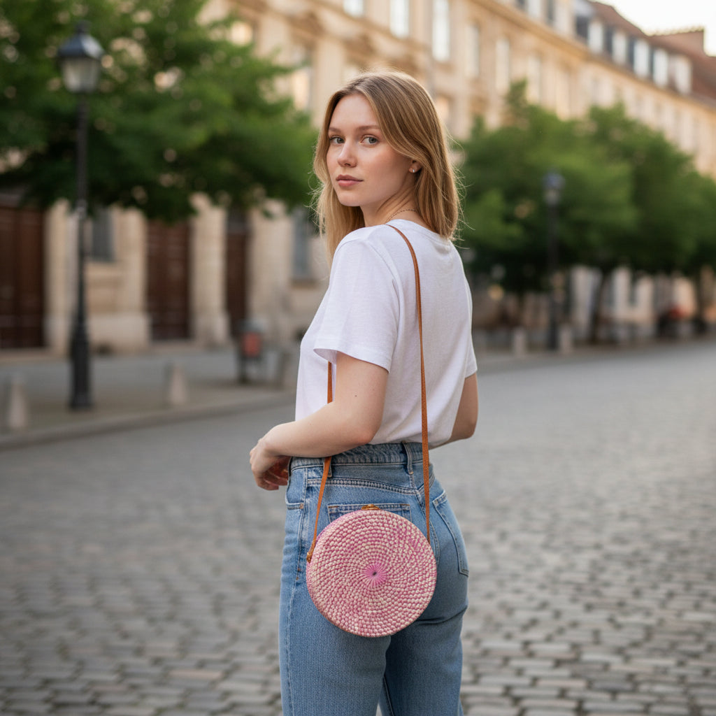 Round Rattan Purse in Pink - Chic Pink Round Rattan Purse for Every Occasion - Shopthatapp.ca