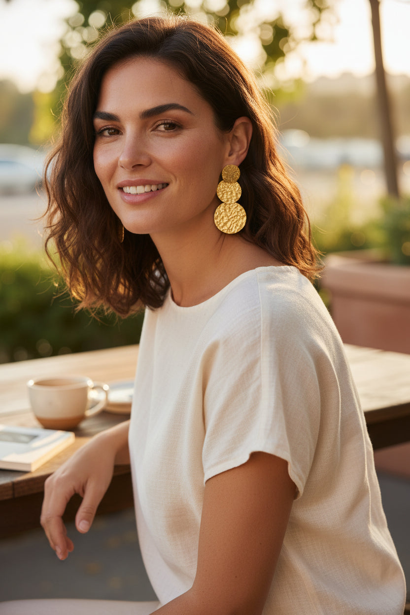 Triple Disc Gold Earrings - Beaten Design in Stainless Steel - Shopthatapp.ca
