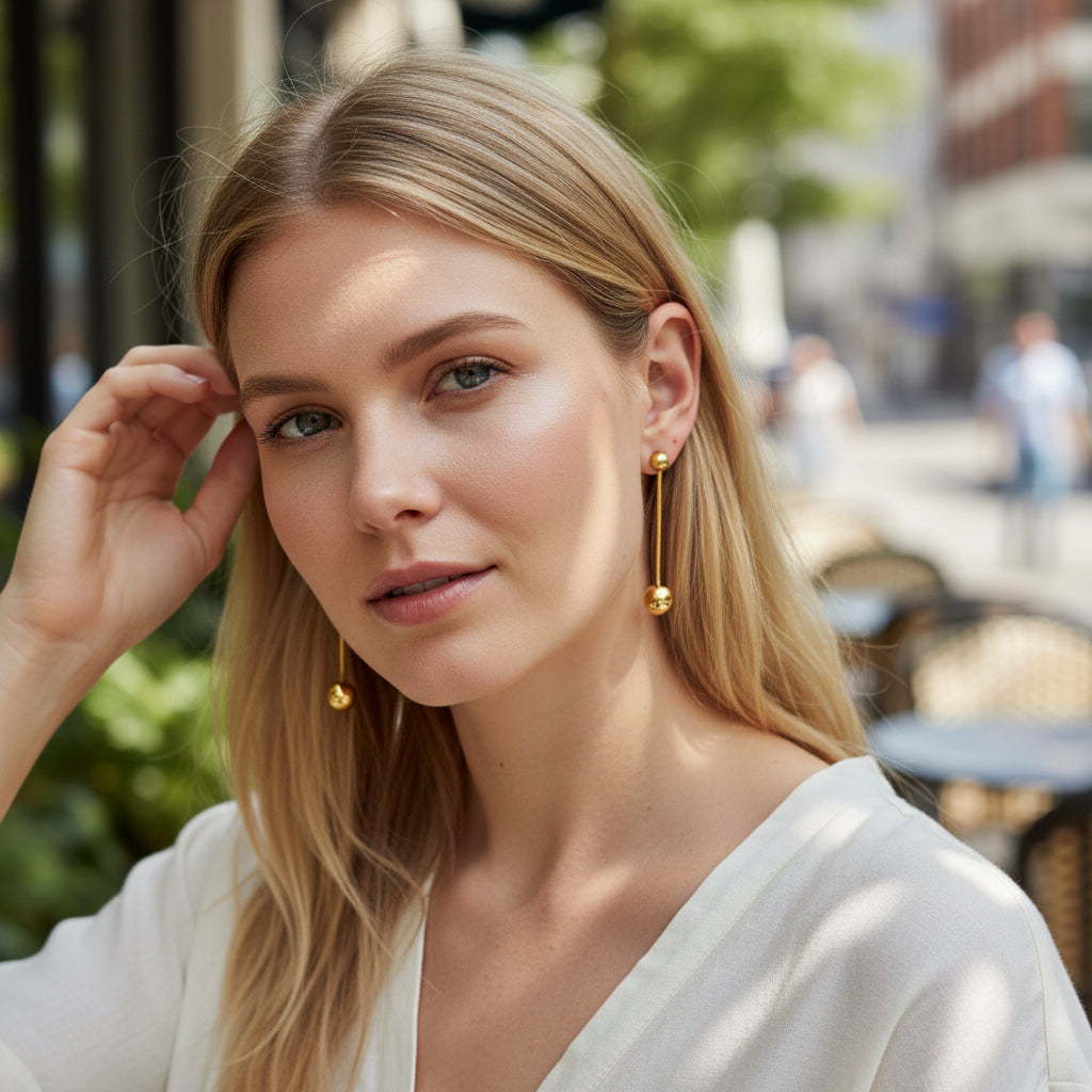 Hanging Ball Stud Earrings in Gold Stainless Steel - Shopthatapp.ca