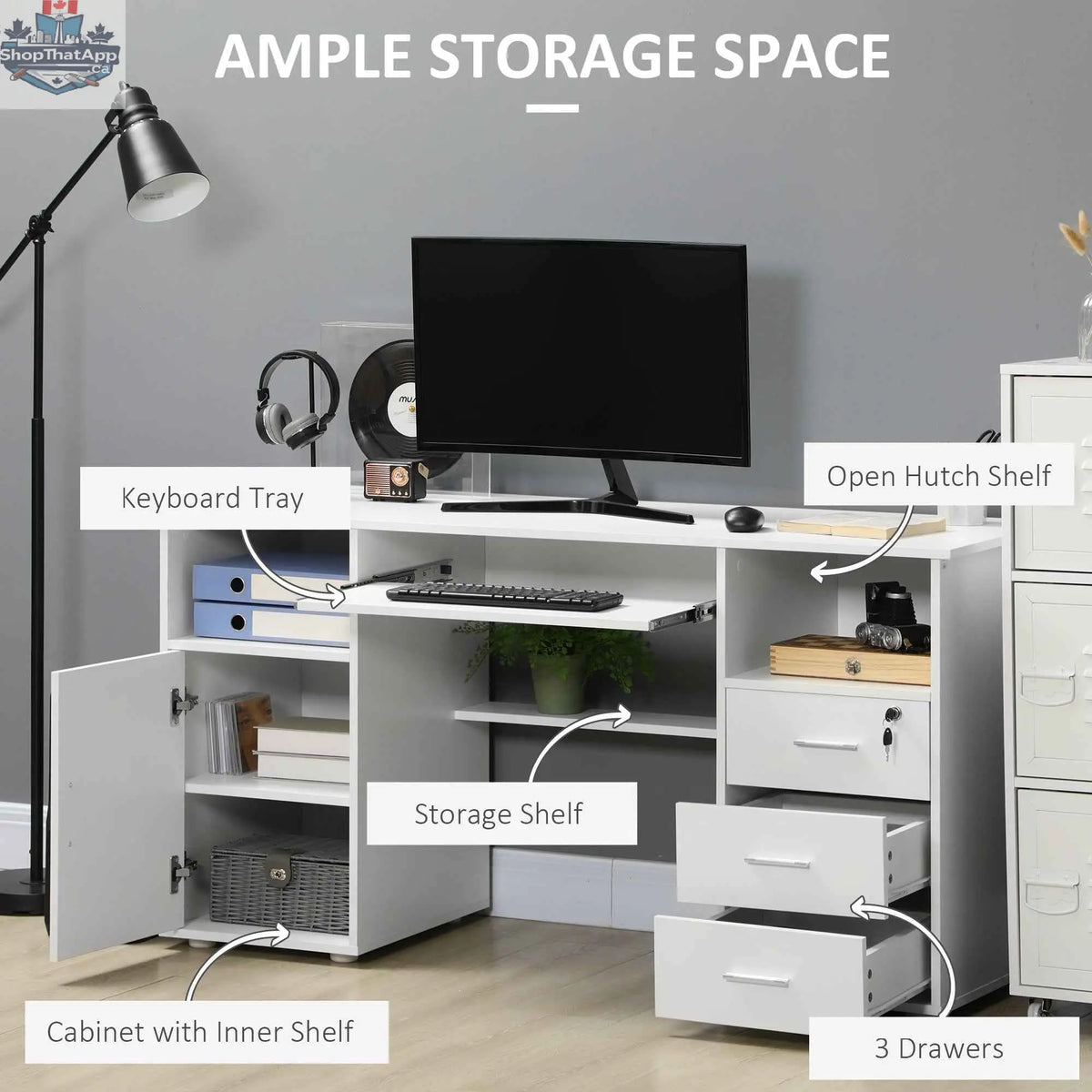 White Bloom computer desk with keyboard tray and storage drawers from SLOTH Nation, 57-inch office furniture for organized workspace.
