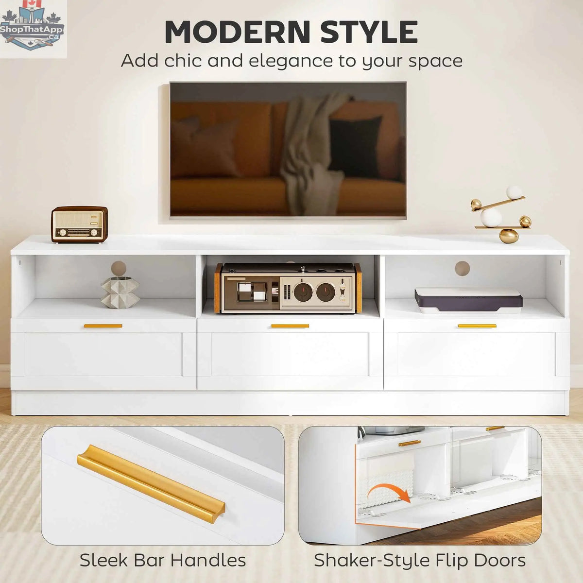 Modern white Dallas TV stand with storage drawers by SLOTH Nation, designed for TVs up to 85 inches, ideal for living room furniture.