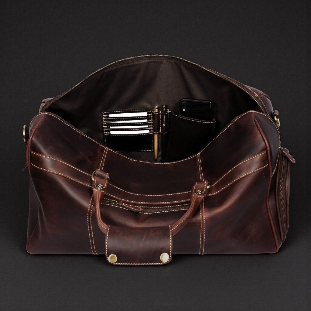 The Voyager Duffle - Brown Full-Grain Distressed Leather Duffle Bag - Www.Shopthatapp.ca