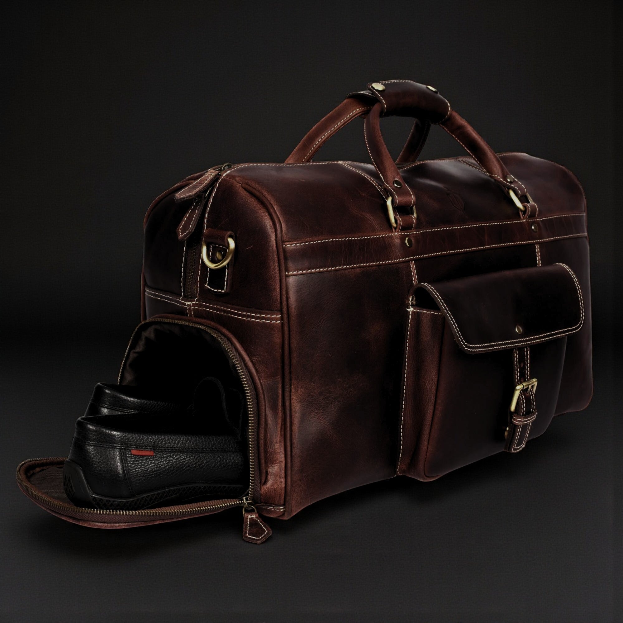 The Voyager Duffle - Brown Full-Grain Distressed Leather Duffle Bag - Www.Shopthatapp.ca