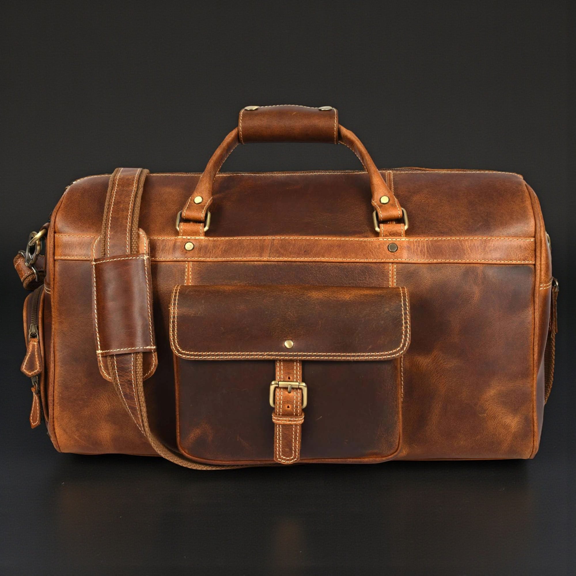 The Voyager Duffle - Cognac Full-Grain Distressed Leather Duffle Bag - Www.Shopthatapp.ca
