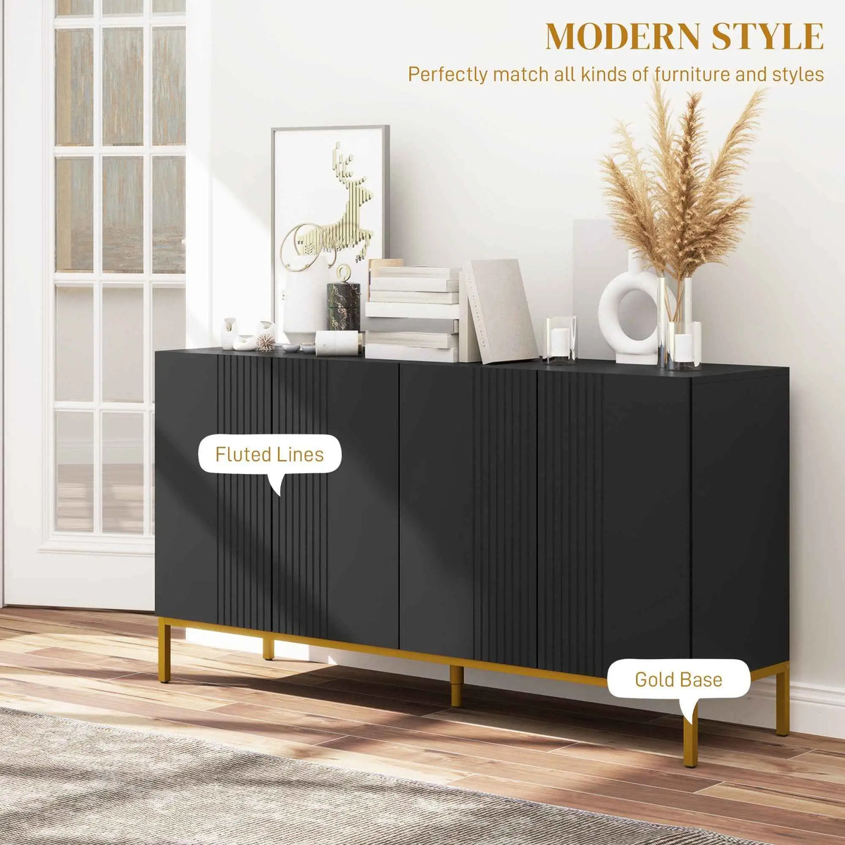 Black Brooklyn Kitchen Buffet Cabinet with adjustable shelves from SLOTH Nation, featuring sleek design and storage space.