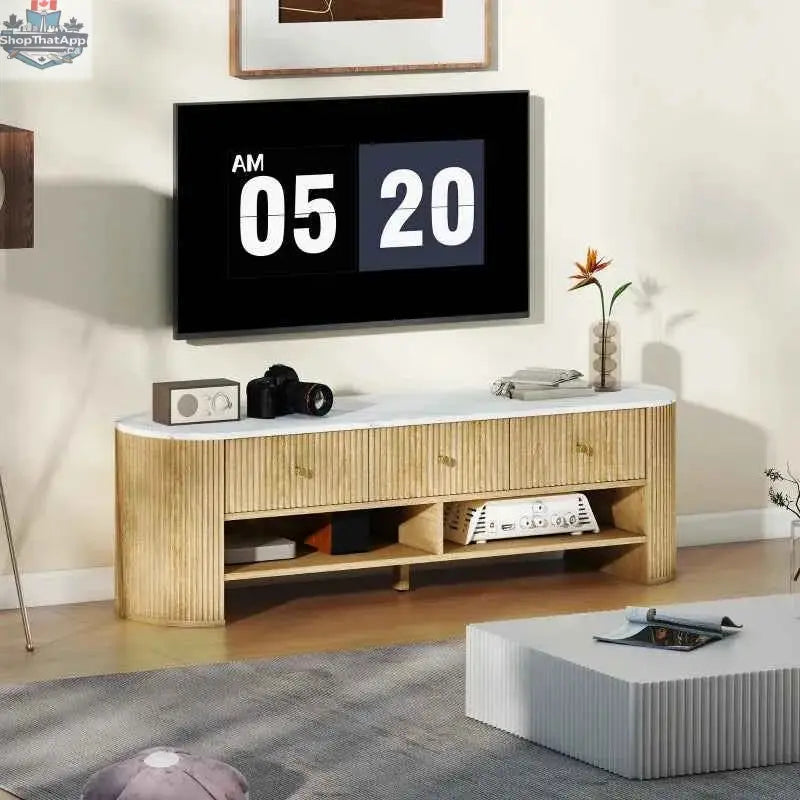SLOTH Nation Colby modern TV stand with marble-effect top, two storage drawers, and natural wood finish for living room furniture.