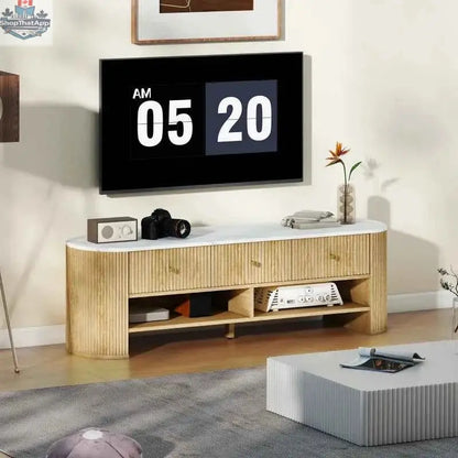 SLOTH Nation Colby modern TV stand with marble-effect top, two storage drawers, and natural wood finish for living room furniture.