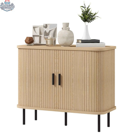 SLOTH Nation Aspen sideboard buffet cabinet with 35.4-inch oak finish, slatted tambour doors, and modern storage design