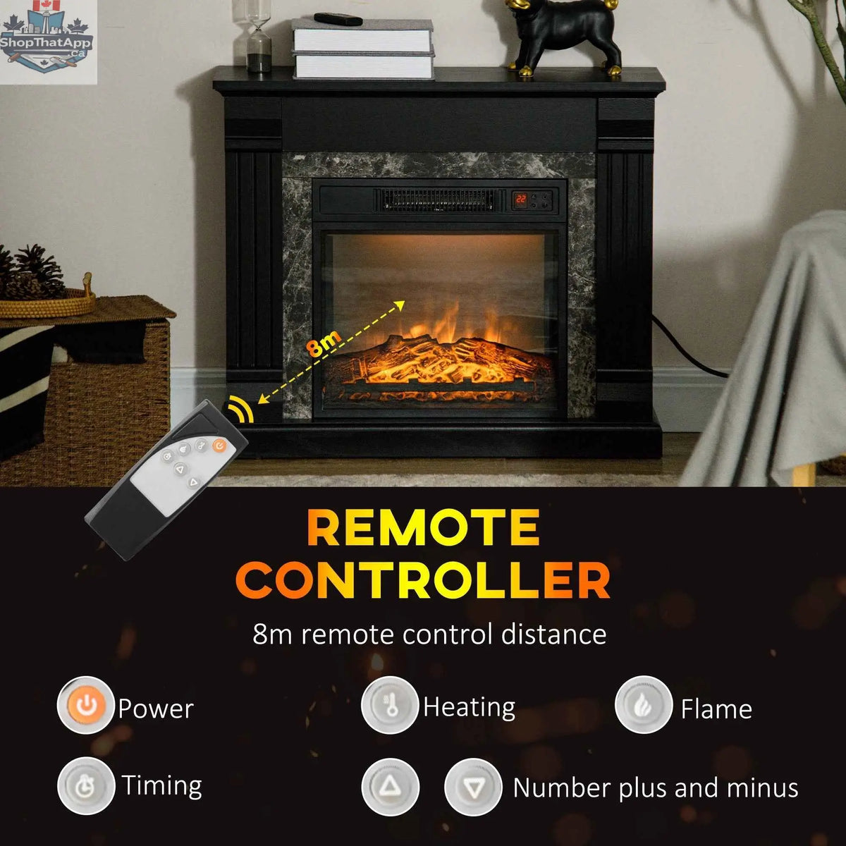 Easton electric fireplace heater with black wood surround, freestanding design, overheating protection, from SLOTH Nation.