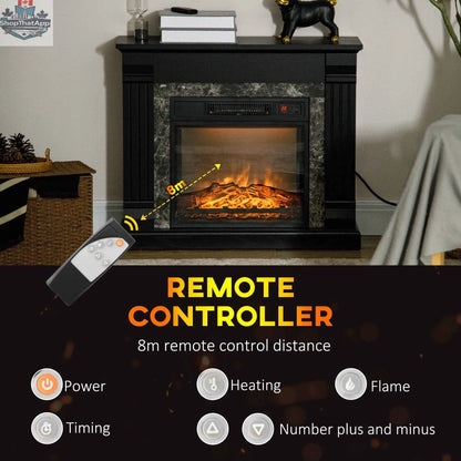 Easton electric fireplace heater with black wood surround, freestanding design, overheating protection, from SLOTH Nation.