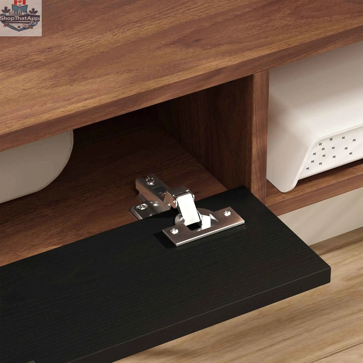Walnut Lennox floating TV stand by SLOTH Nation for TVs up to 75 inches, featuring a flip drawer and modern living room furniture style.