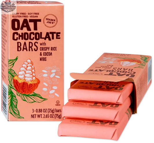 Trader Joe's oat chocolate bars with crispy rice and cocoa nibs, 75g, featuring a chocolate bar with oats, rice crisps, and cocoa nibs.