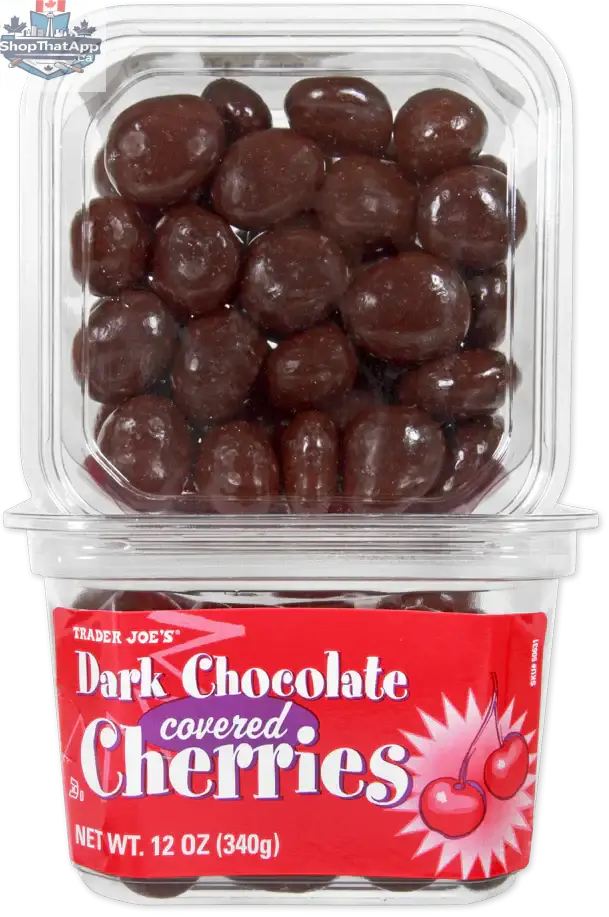 Trader Joe's dark chocolate cherries by Vancou-Vert Trading Ltd., glossy dark chocolate-covered cherries in a clear container.