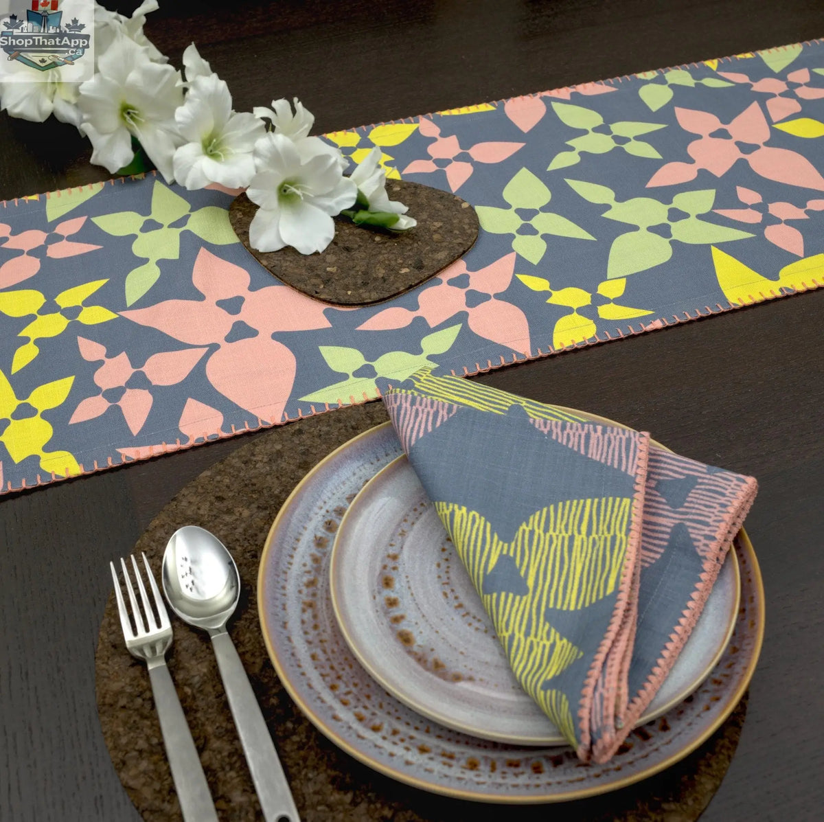 Winter and blush printed cotton dinner napkins by Hem and Tassel, perfect for celebration settings and elegant table decor.