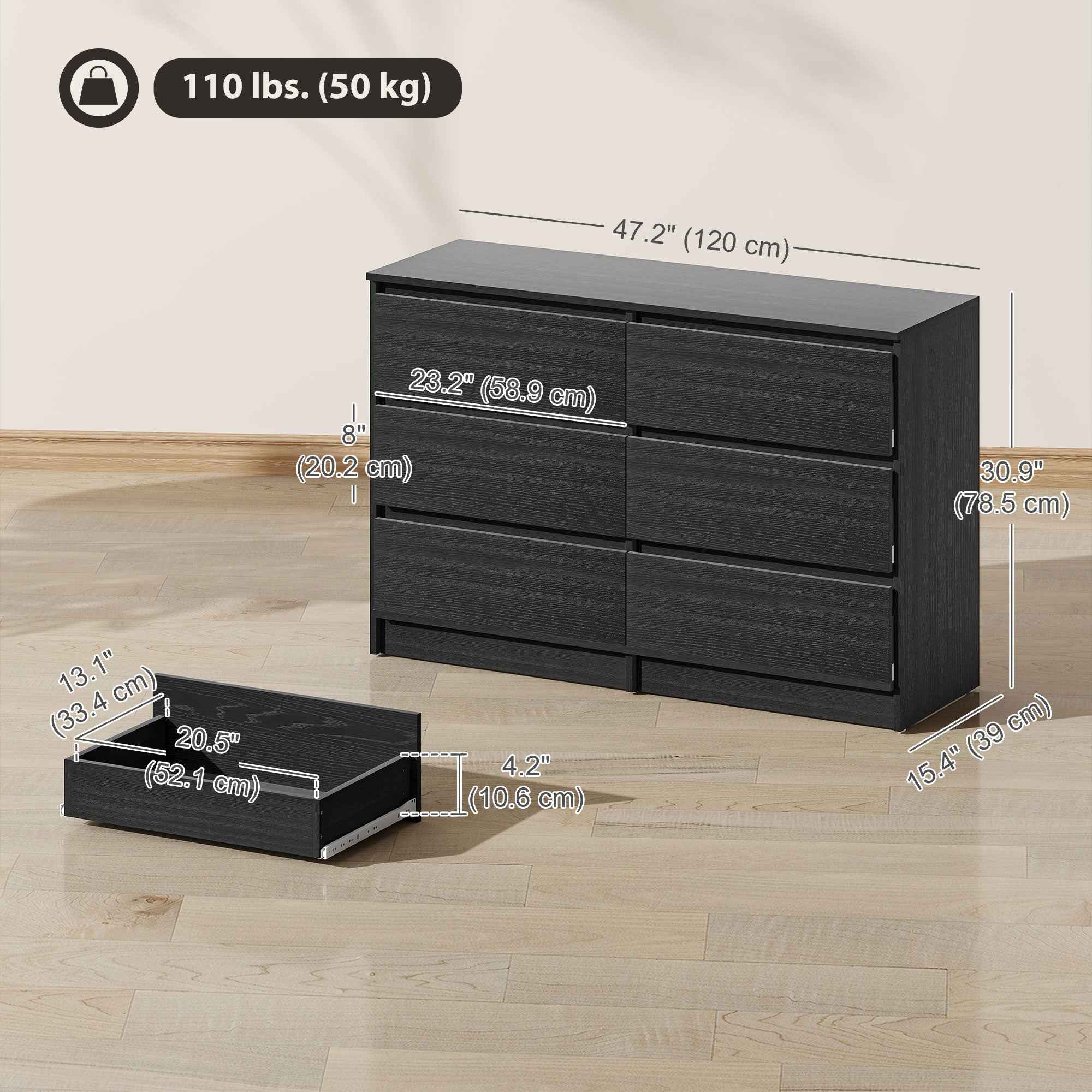 River 6 Drawer Dresser for Bedroom, Living Room or Hallway-Black