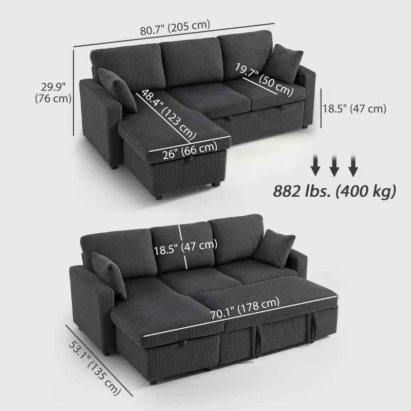 Leo 81" Sleeper Sectional with Storage Chaise-Dark Grey
