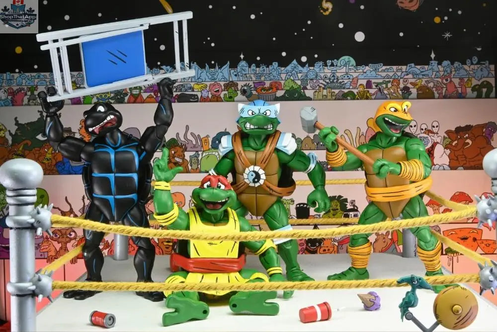 Teenage Mutant Ninja Turtles four-pack action figures by Toy Snowman, featuring wrestling-themed Turtle collectables from Archie Comics.