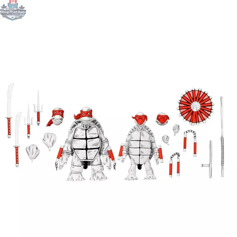 Black and white Teenage Mutant Ninja Turtles 2-pack action figures by Toy Snowman, featuring first turtle characters, 7-inch collectible toys.