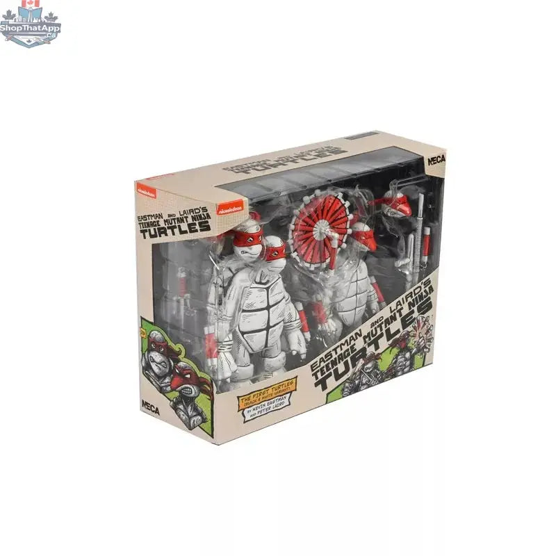 Black and white Teenage Mutant Ninja Turtles action figures by Toy Snowman, 7-inch collectible toys featuring first turtle characters.