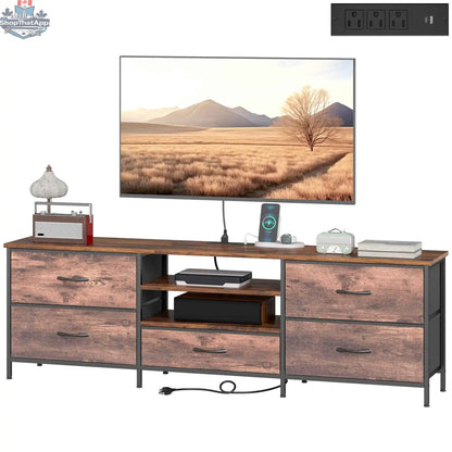Rustic brown Jamie TV stand with built-in charging station for TVs up to 70 inches, from SLOTH Nation, featuring storage compartments.