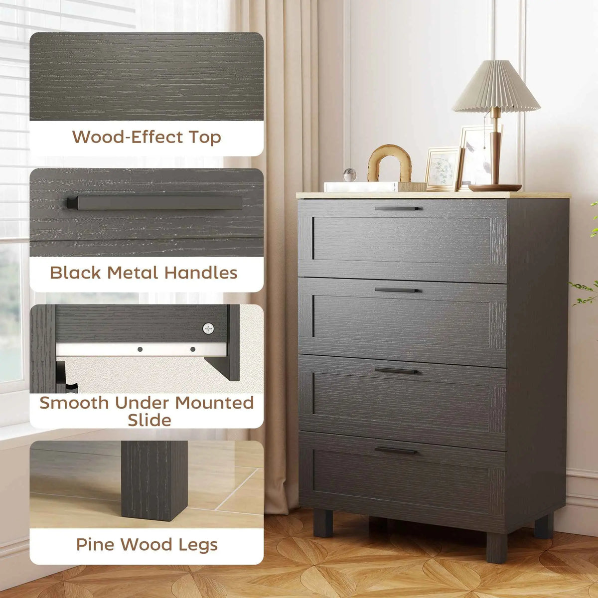 Black Taylor chest of drawers for bedroom by SLOTH Nation, featuring solid wood legs and a sleek, modern design.