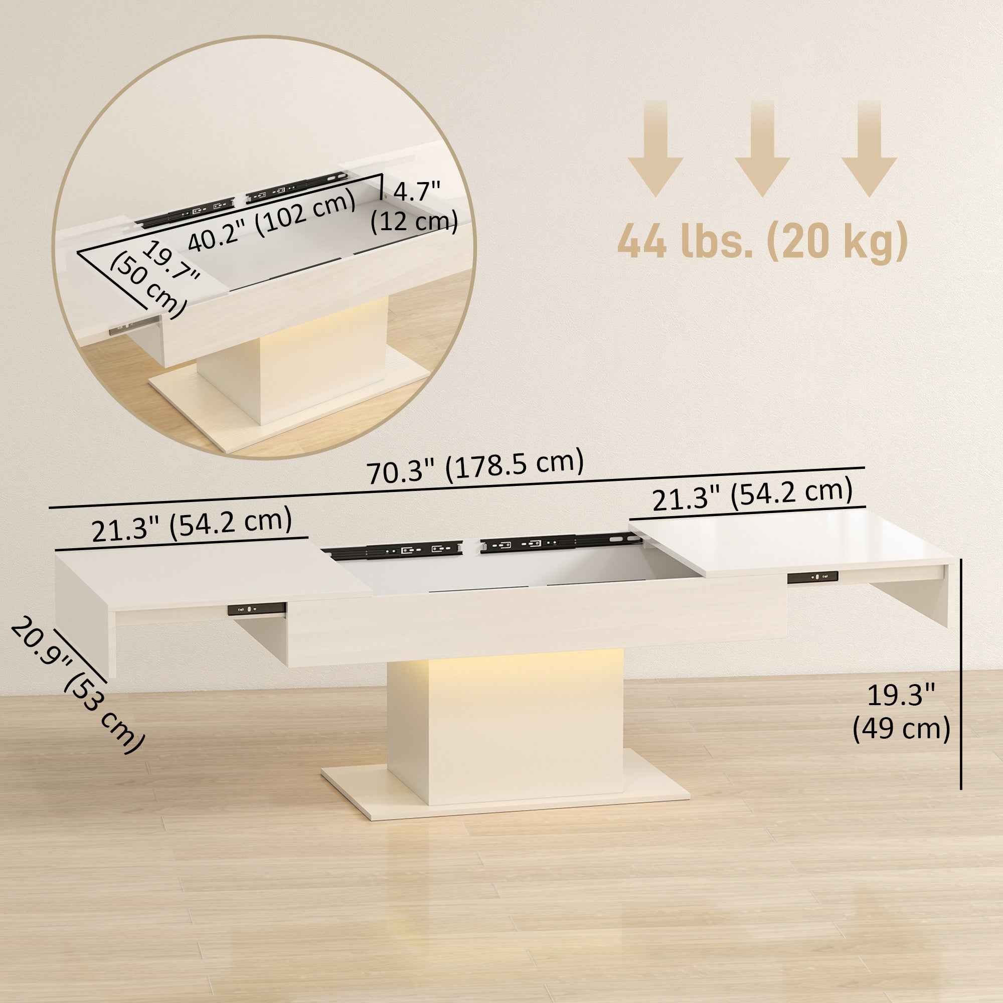 Halston Extendable Coffee Table with LED Lights and Hidden Storage-White