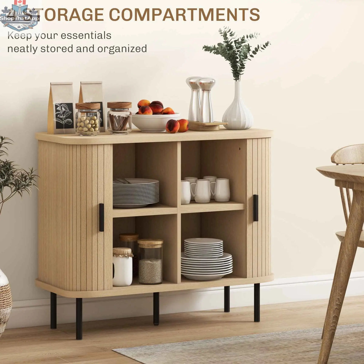 Oak Aspen sideboard cabinet with slatted tambour doors, 35.4 inches, by SLOTH Nation, showcasing a modern storage furniture design.