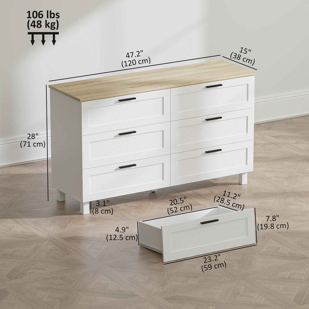 Martha 47" Wide Modern Dresser with 6 Drawers for Bedroom, Living Room and Entryway-White