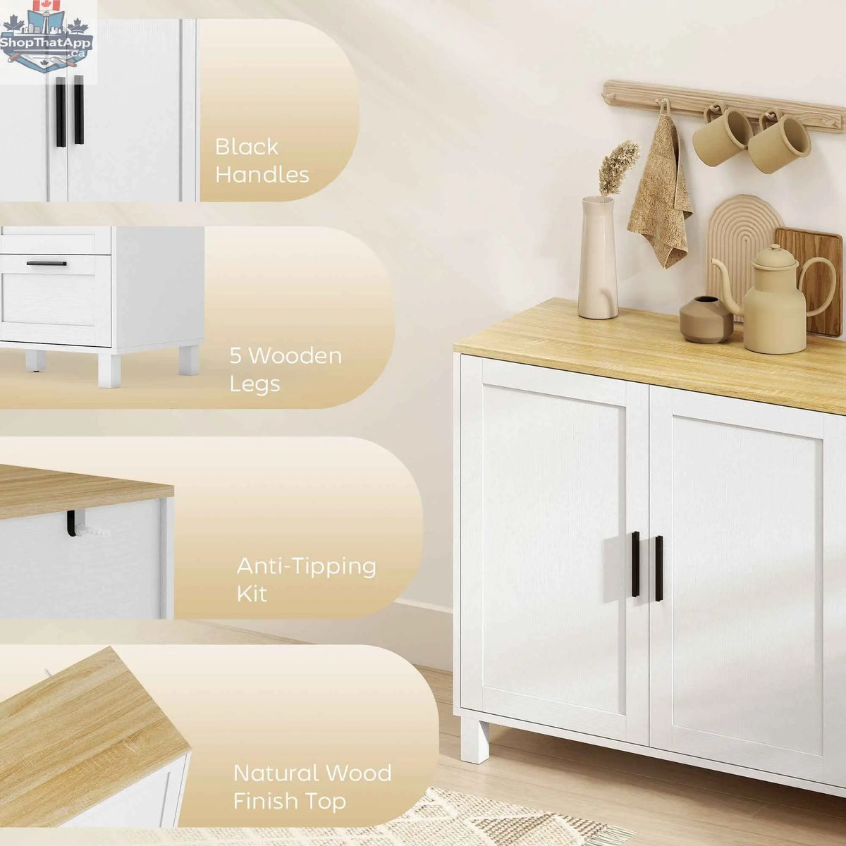 SLOTH Nation Vesper modern white sideboard with three drawers and soft-close doors, designed in a sleek, contemporary style.