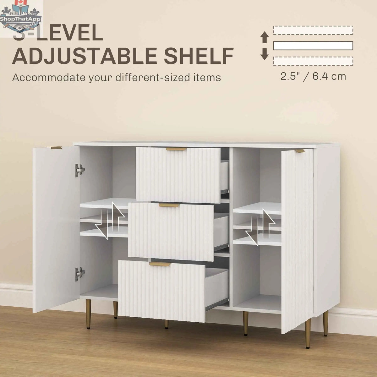 White Ellis modern kitchen cabinet by SLOTH Nation with three drawers, stylish buffet or hallway storage cabinet.
