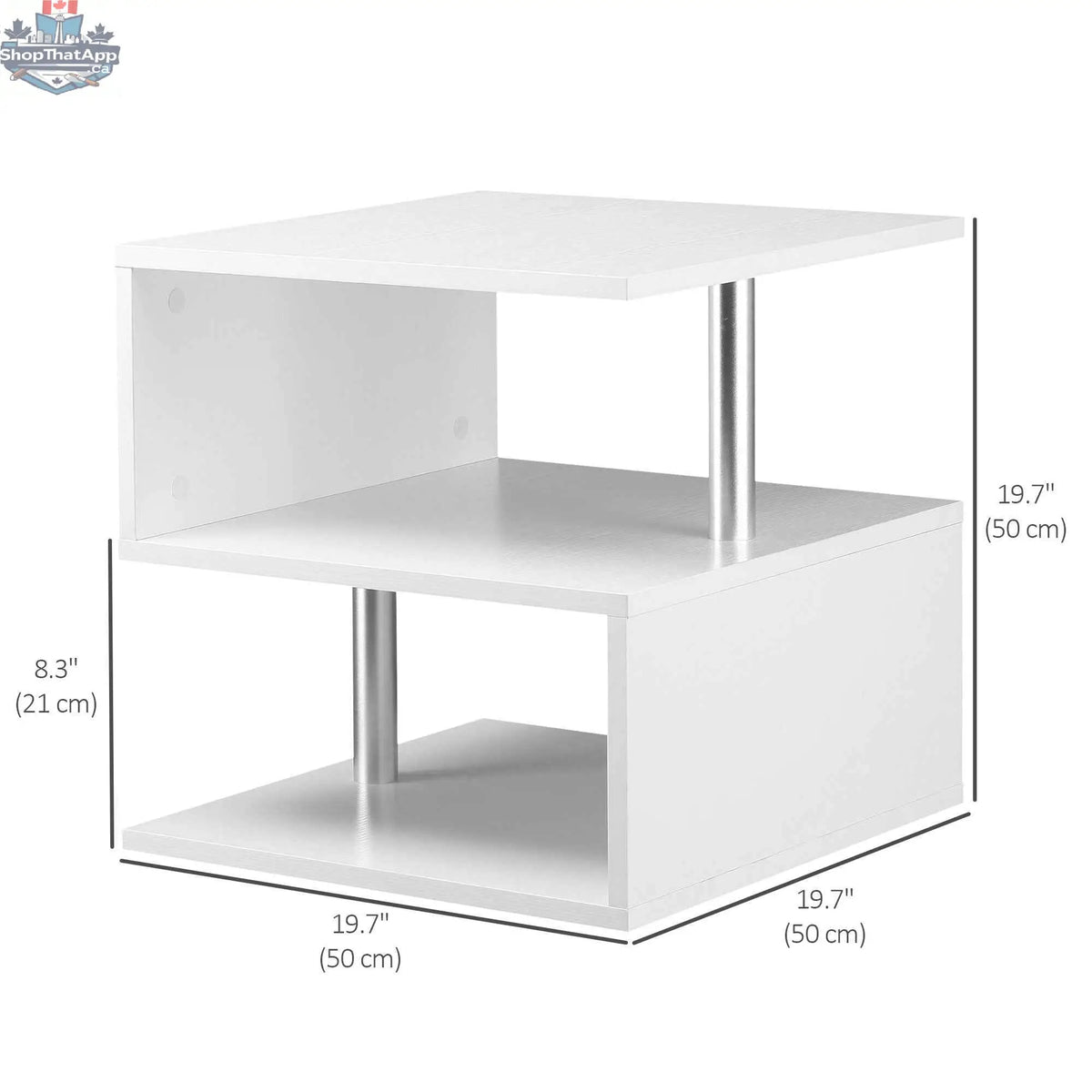 Caelan wooden S-shaped end table with three-tier storage shelves in white, featuring a modern furniture design by SLOTH Nation.