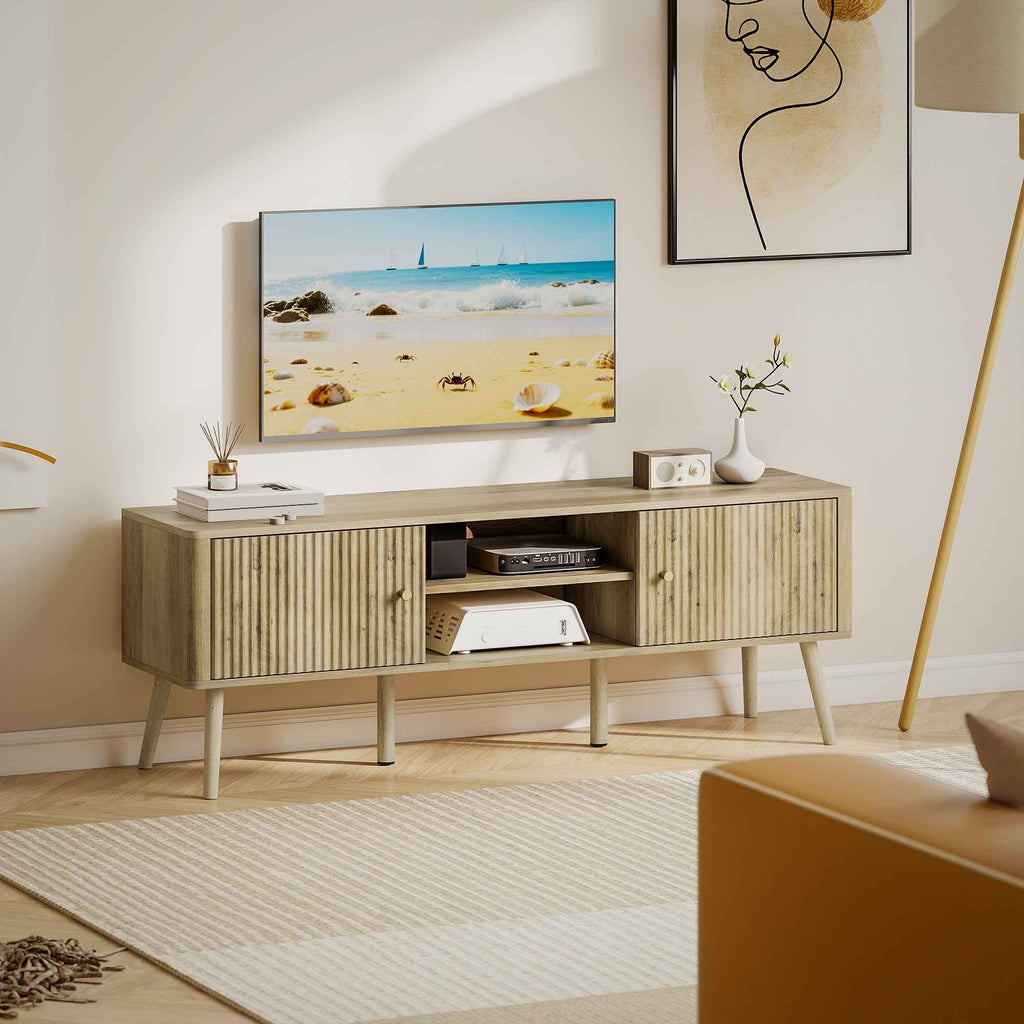Birch TV Stand for Televisions up to 65" with Adjustable Shelves and Pine Wood Legs-Oak