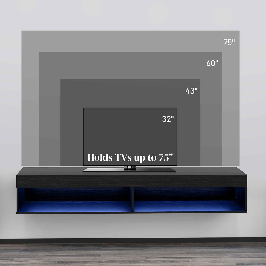 Lane Modern Wall Mounted TV Stand with Storage and LED Lights-Black