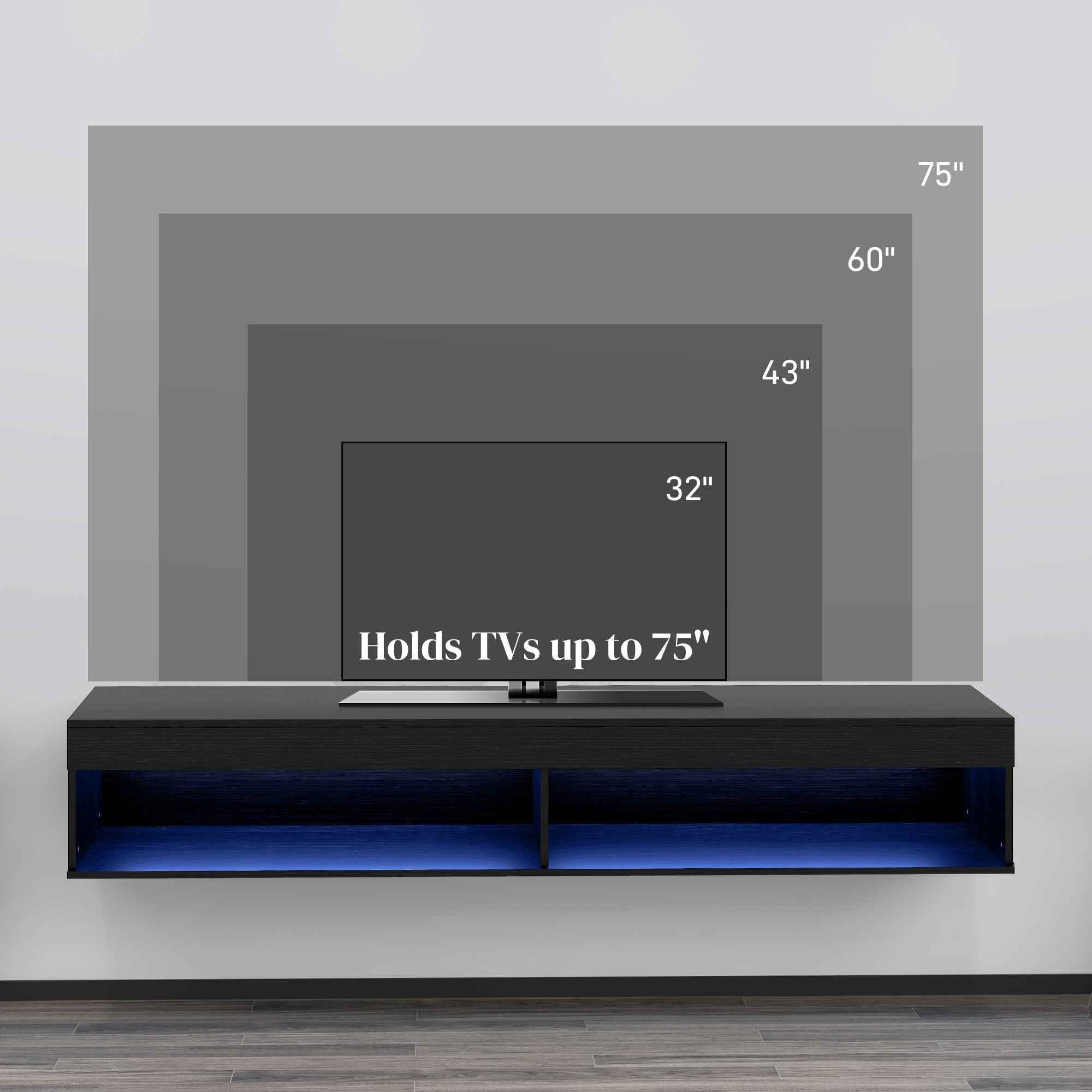 Lane Modern Wall Mounted TV Stand with Storage and LED Lights-Black