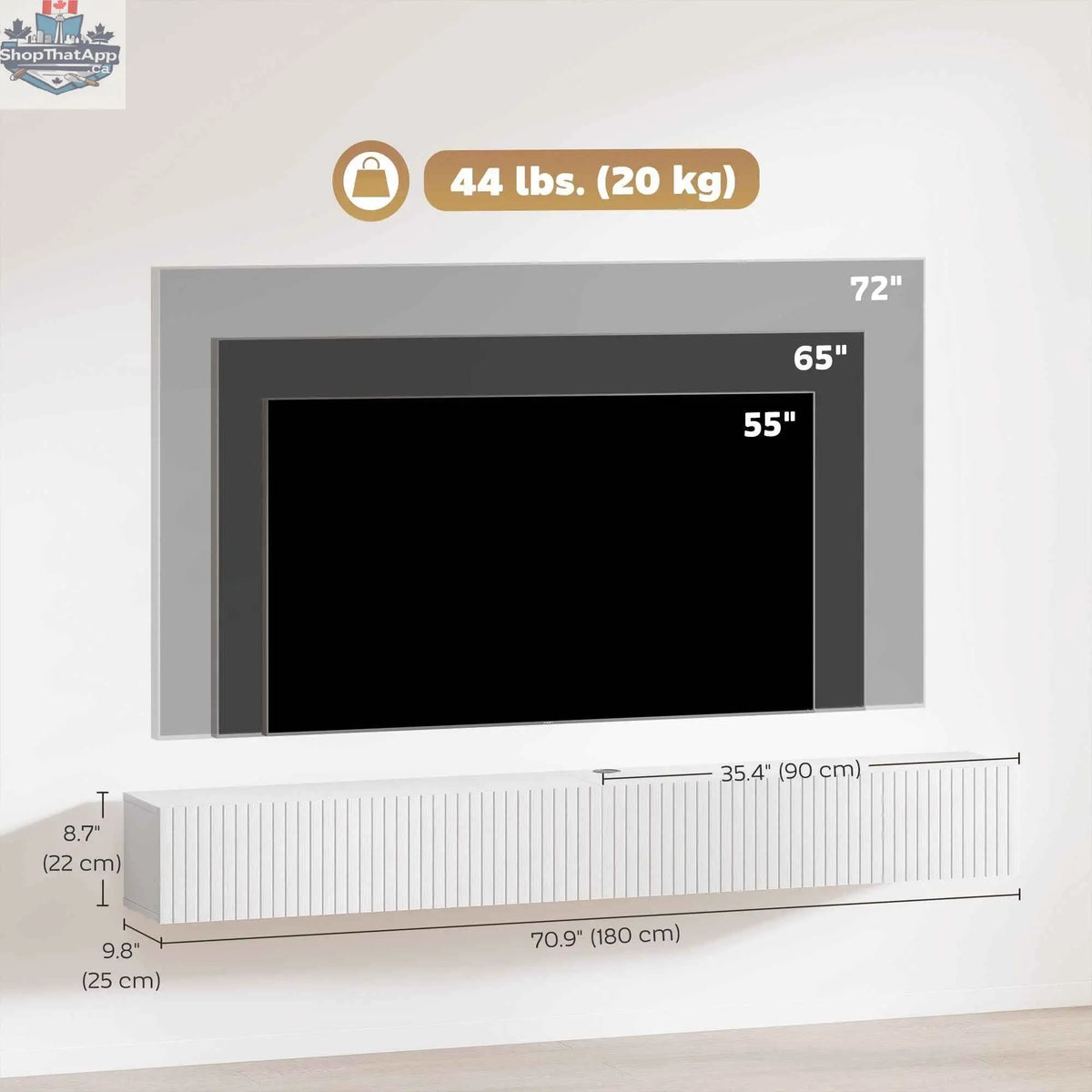 White Jesse floating TV stand with 2 fluted flip-down doors, designed for TVs up to 75 inches, by SLOTH Nation.