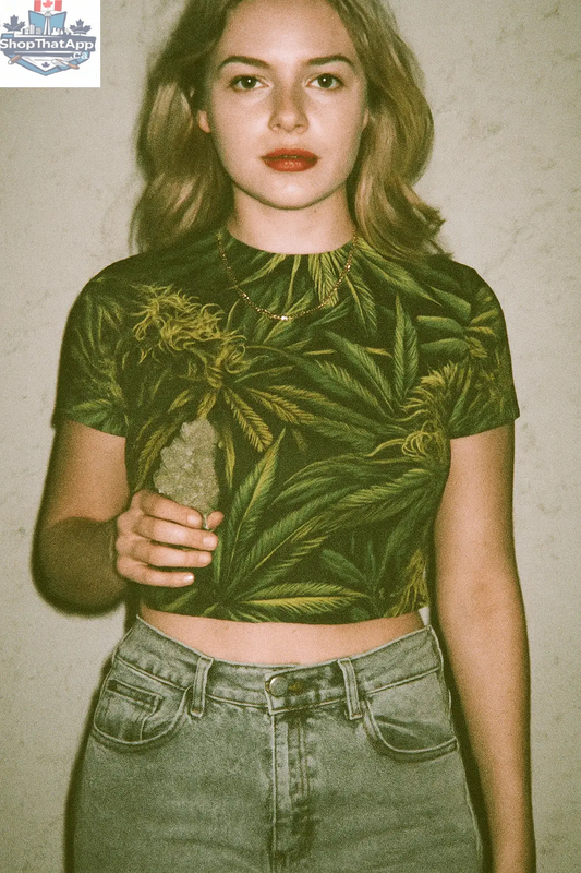 JANE DOPE Big Buds Mesh Crop Top in black, lightweight mesh fabric with bold print, perfect for casual or streetwear style.