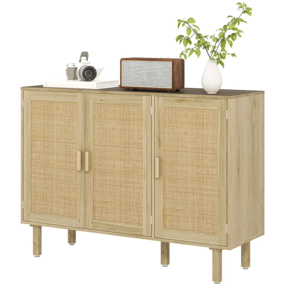 SLOTH Nation Quinn Bohemian hallway cabinet with 46.9-inch oak sideboard and three rattan doors, stylish storage for entryway or living space.