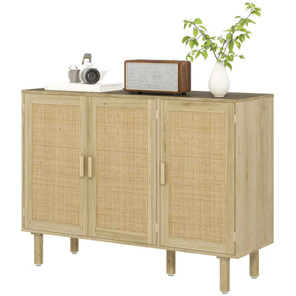 SLOTH Nation Quinn Bohemian hallway cabinet with 46.9-inch oak sideboard and three rattan doors, stylish storage for entryway or living space.