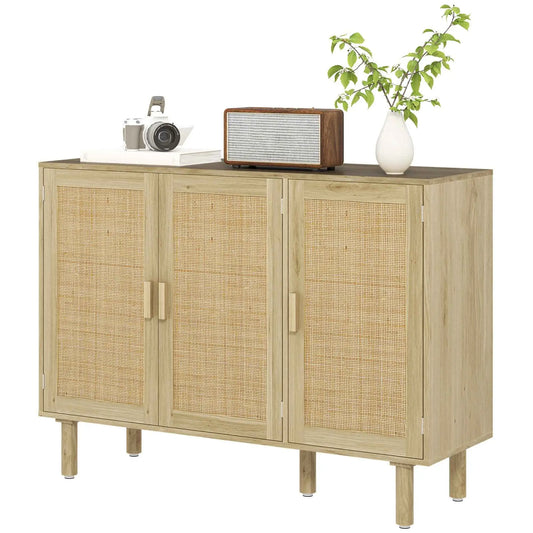 SLOTH Nation Quinn Bohemian hallway cabinet with 46.9-inch oak sideboard and three rattan doors, stylish storage for entryway or living space.