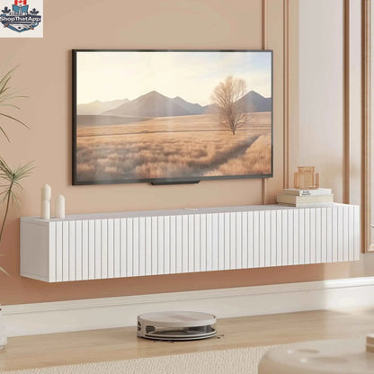 White Jesse floating TV stand by SLOTH Nation with two fluted flip-down doors, suitable for TVs up to 72 inches.