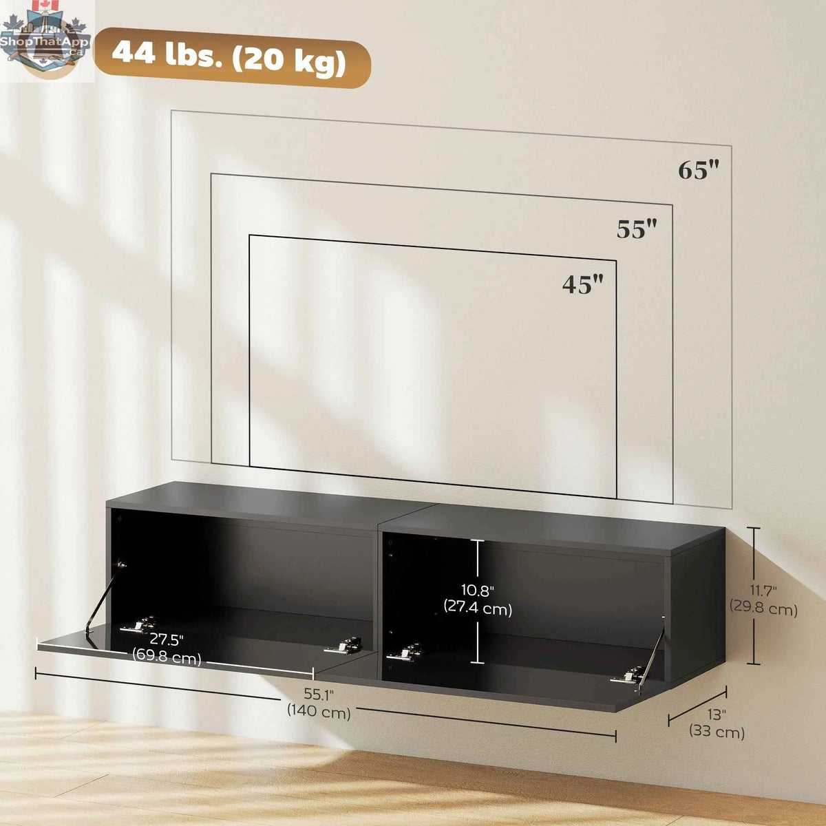 SLOTH Nation Hunter floating TV stand with storage cupboards, black finish, suitable for TVs up to 65 inches, modern living room furniture