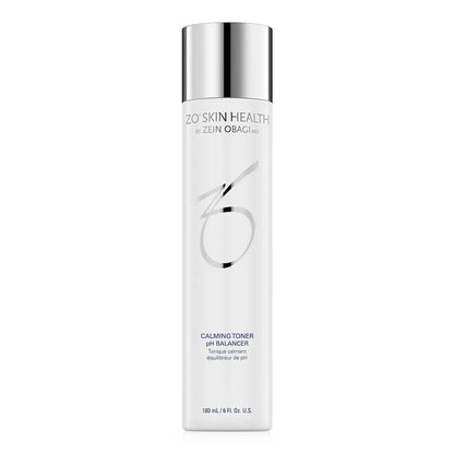 Zo Calming Toner from Monarch MD Medical Aesthetics, clear glass bottle with a white pump dispenser, designed for skincare.