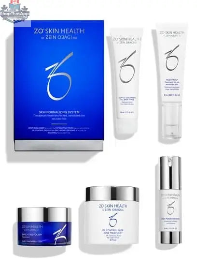 ZO Skin Normalizing System by Monarch MD Medical Aesthetics, featuring skincare products with bottles and jars on a white background.