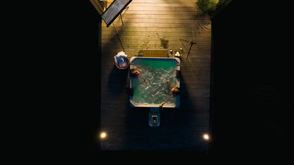 Zoppinh MSPA Oslo hot tub spa for six people with wooden frame, featuring seating and built-in jets for relaxation.