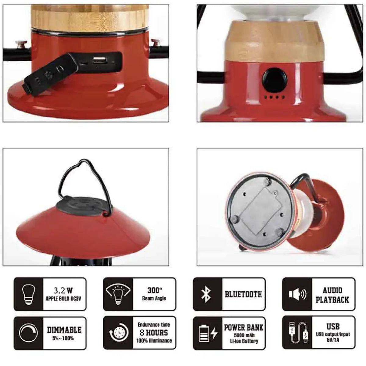 Zoppinh TRU De-Light Romantico LED lantern in fire red with rechargeable light and Bluetooth speaker, showing colorful design and controls.