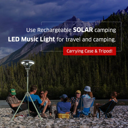 Zoppinh TRU De-LIGHT Singing Music Solar LED speaker with detachable multi-mode lights, tripod, and carry bag in outdoor setting.