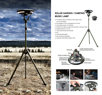 Zoppinh TRU De-LIGHT Singing Music Solar LED speaker with detachable multi-mode lights, tripod, and carry bag.